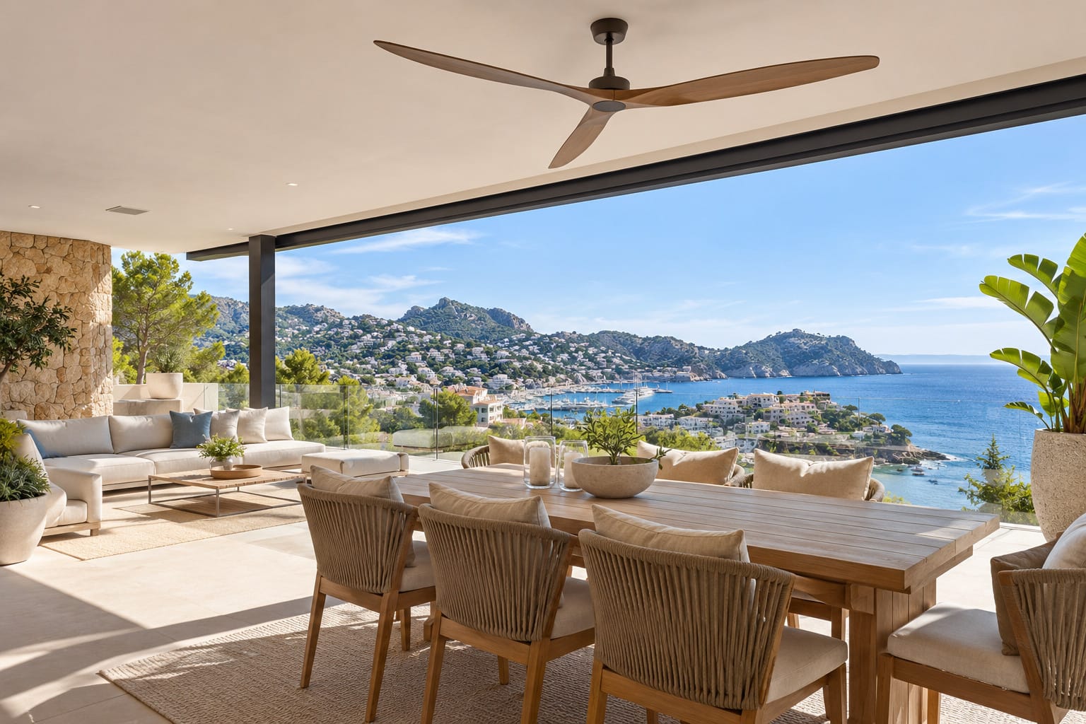 Luxury property in Port Andratx, Mallorca, with ocean views and a ceiling fan