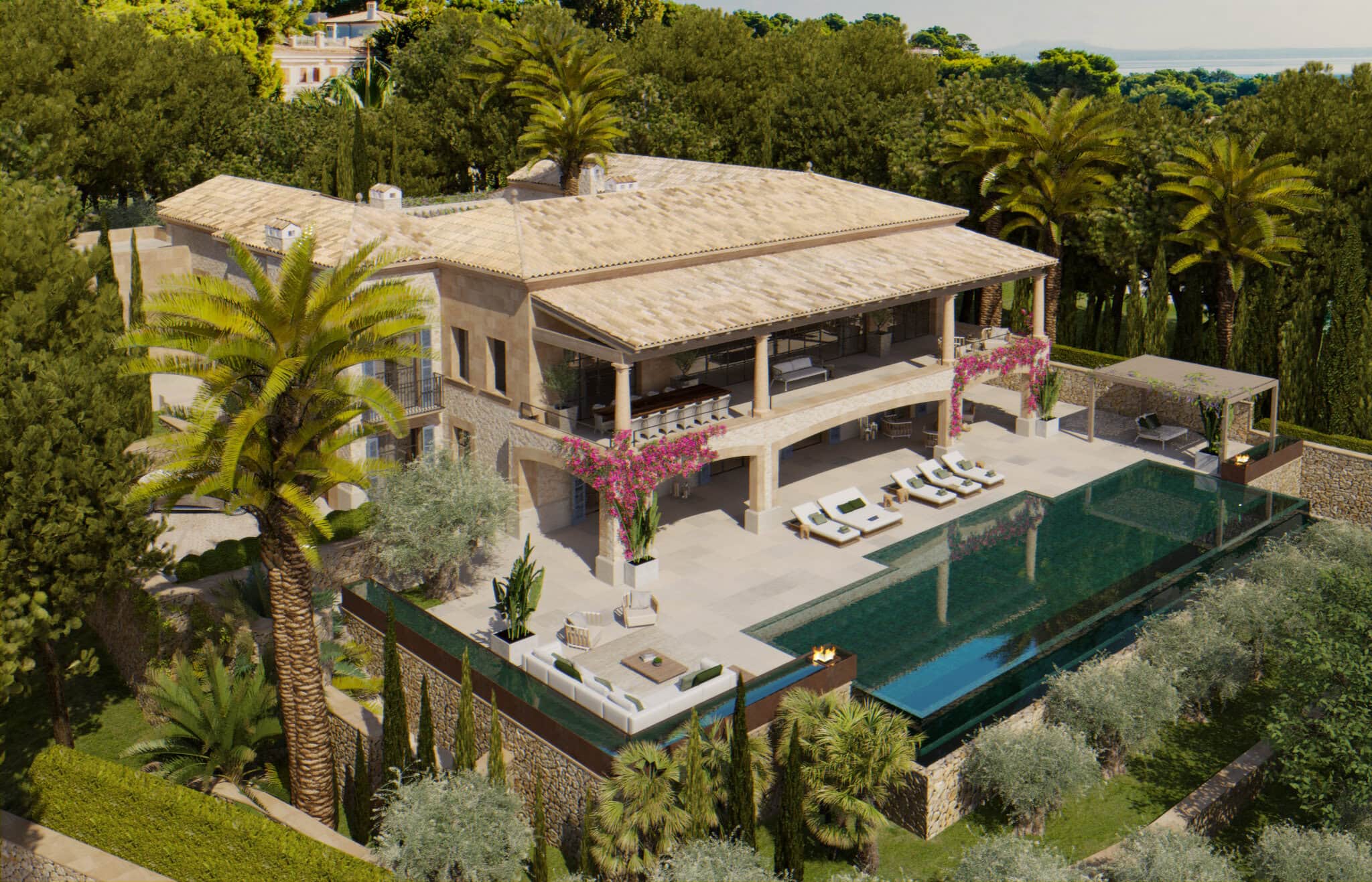 Visualisierung einer mediterranen Villa mit Pool, Palmen und Meerblick auf Mallorca – Projekt Finca del Mar
