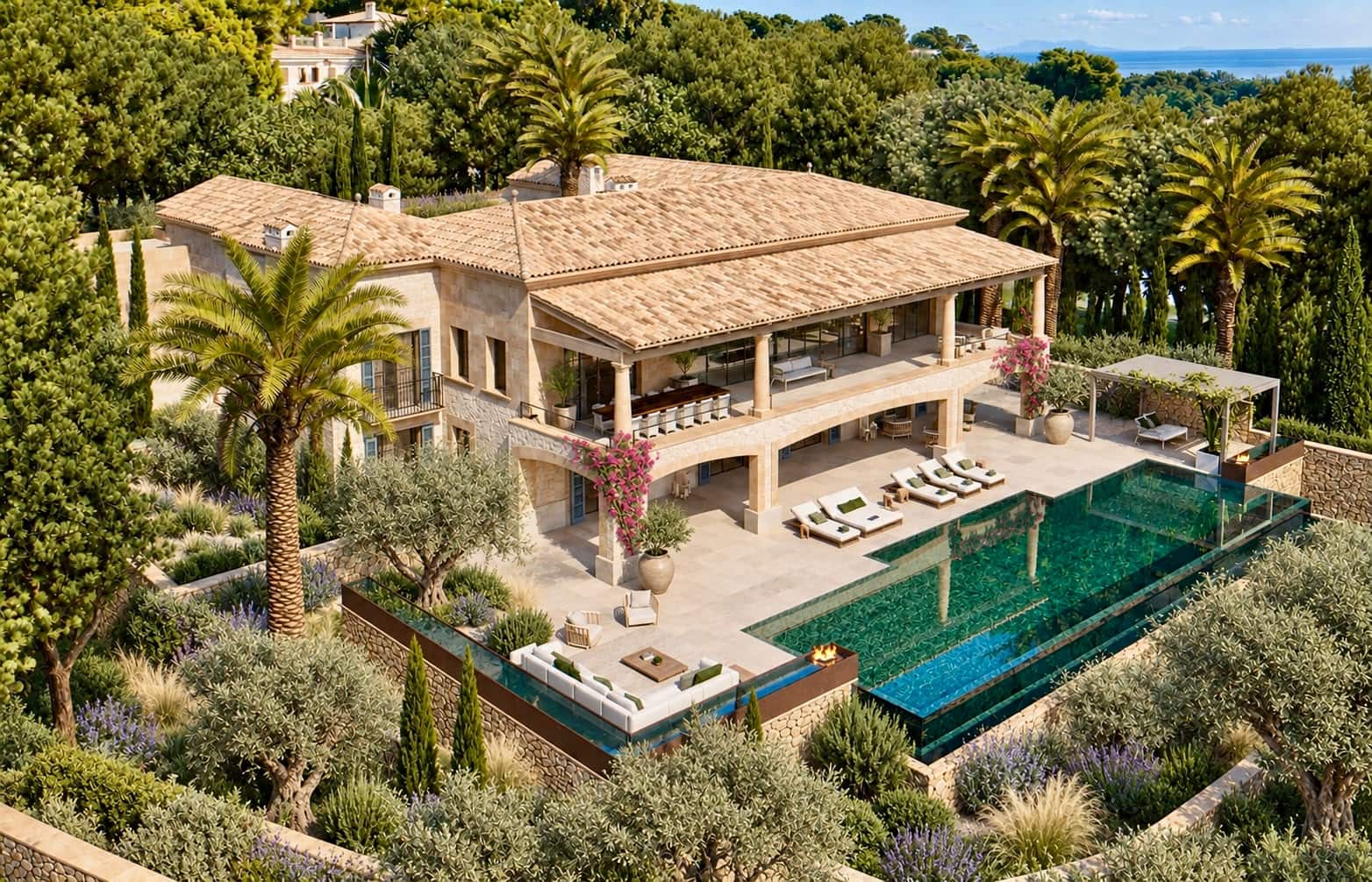 Visualisierung einer mediterranen Villa mit Pool, Palmen und Meerblick auf Mallorca – Projekt Finca del Mar