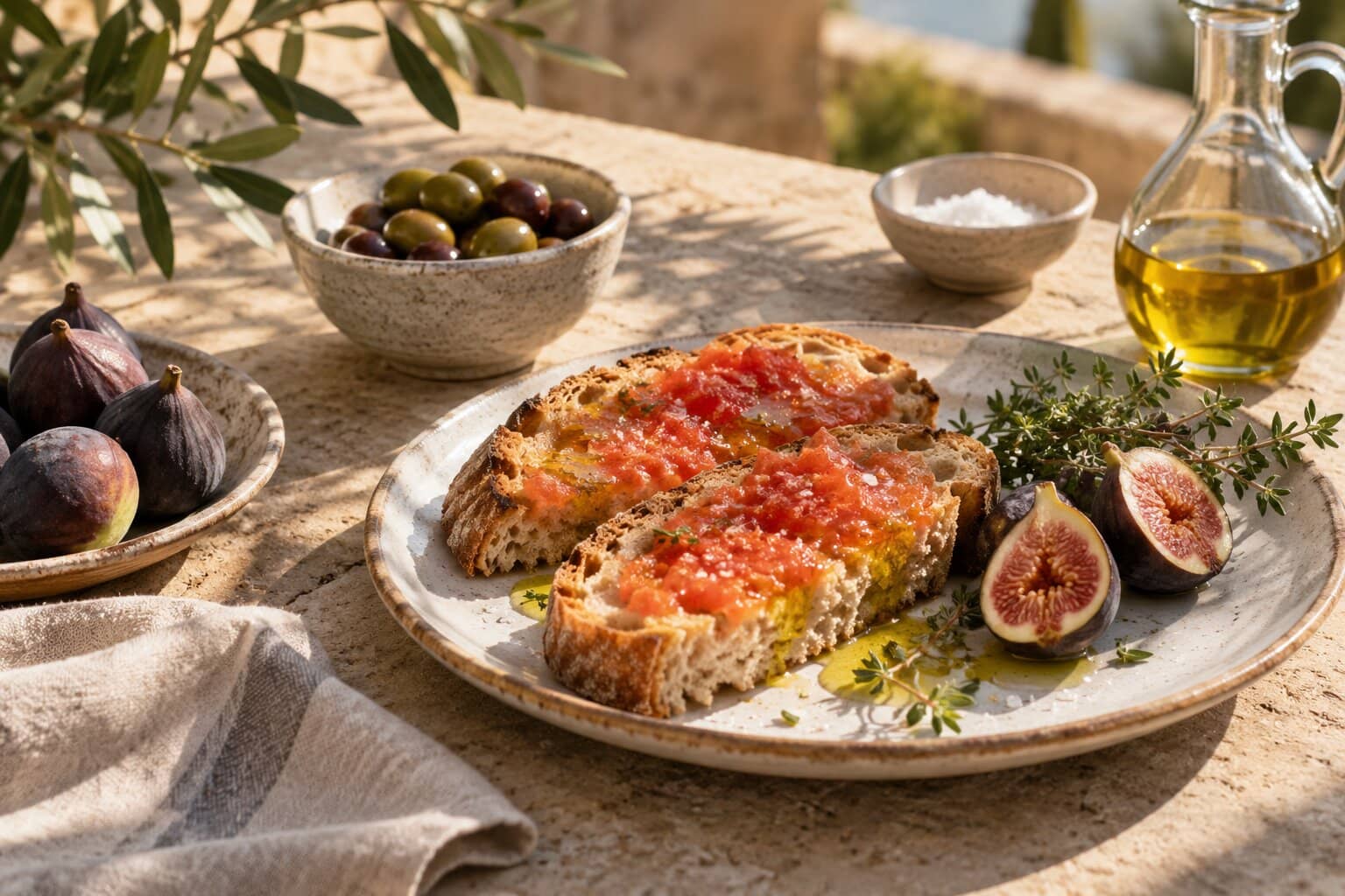 Mediterranes Brot mit Tomate, Oliven, Feigen und Olivenöl auf einem Steintisch